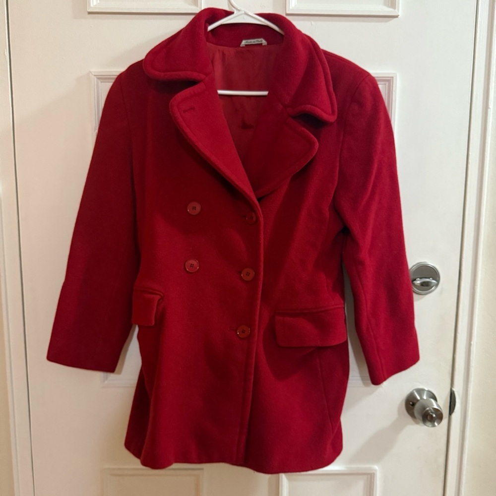 Elegant Scarlet Double-Breasted Pea Coat